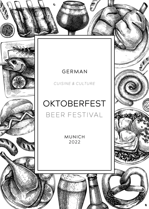 Oktoberfest background. German food and drinks menu. Vector meat dishes sketches. German cuisine frame. Beer festival black and white illustration in sketched style. Oktoberfest party design.